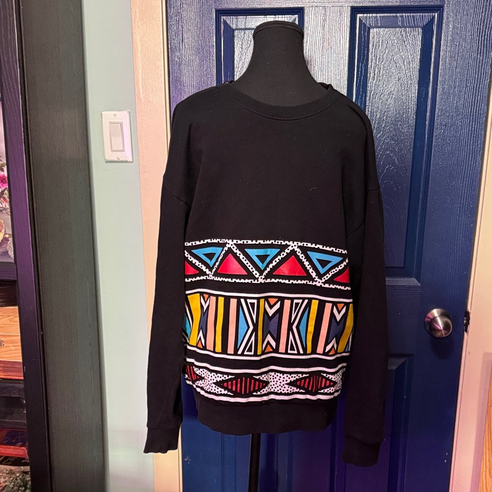 H&M Men Black Multicolor Patterned Crewneck Sweater FREE SHIPPING